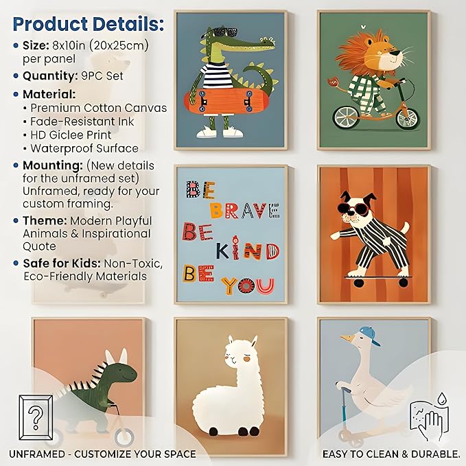 tgguytiy Kids Room Wall Art Set of 9 Cute Cartoon Animal Canvas Prints Nursery - Image 3