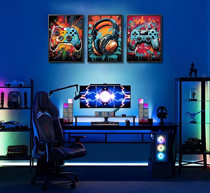 3Pcs Framed Cool Gaming Wall Art Retro Video Gamer watercolor Posters Pictures - Image 6
