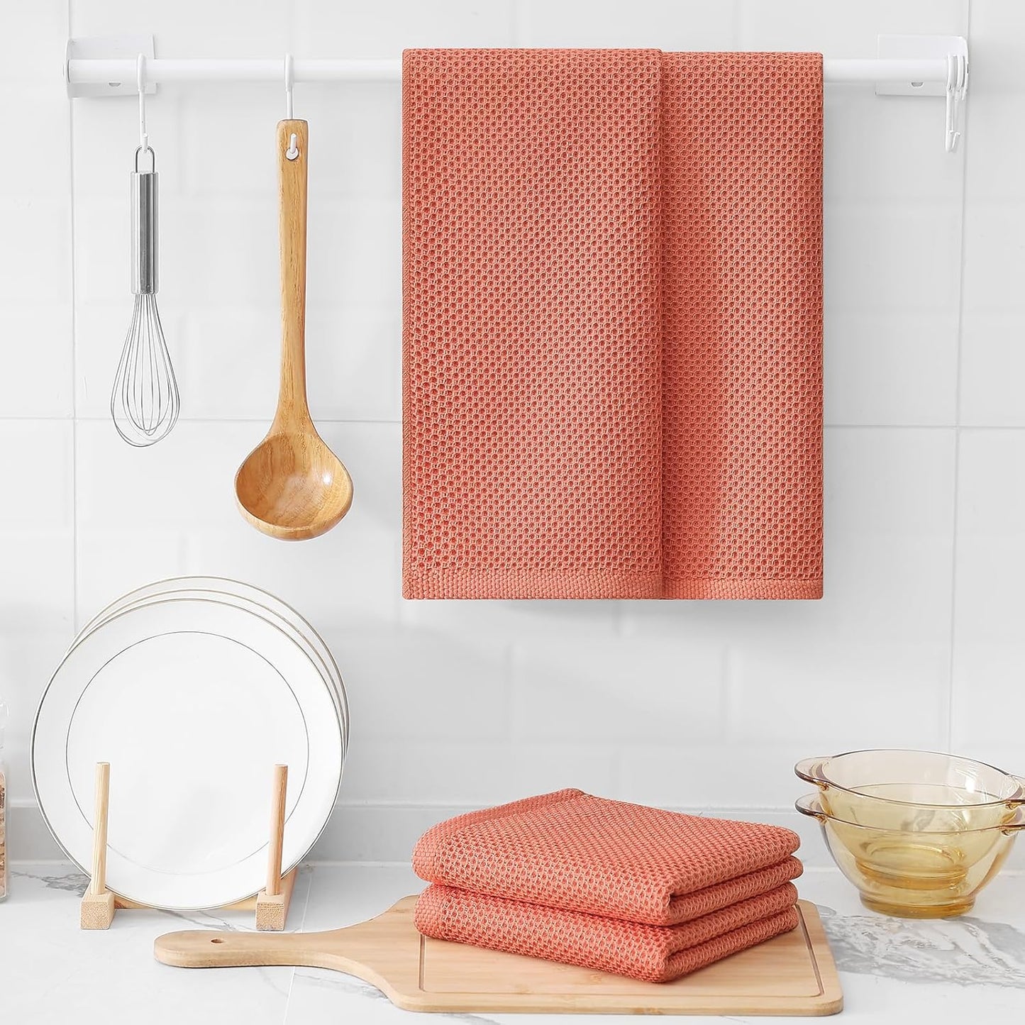 Kitinjoy 100% Cotton Waffle Weave Kitchen Towels, 4-Pack Super Soft and Absorbent Dish Towels for Drying Dishes, Kitchen Hand Towels, 13 in x 28 in, Coral