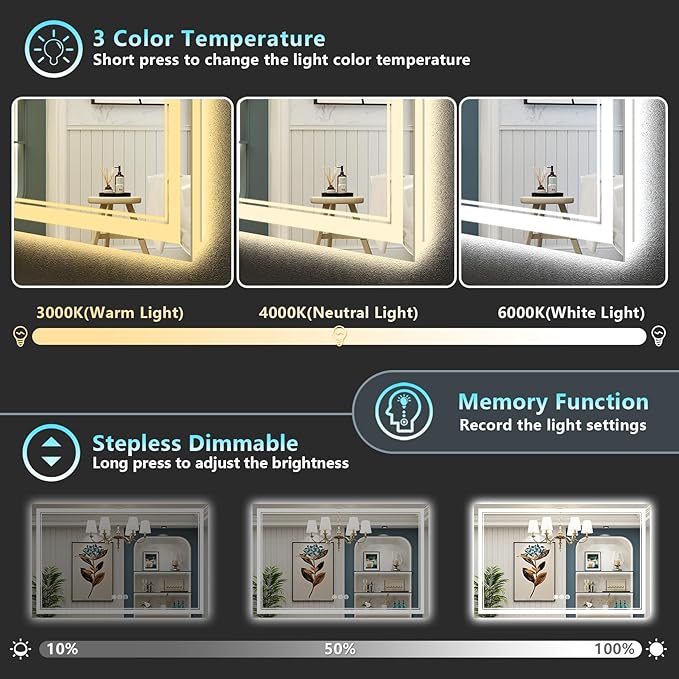 55x36 LED Bathroom Mirror with Lights, Backlit and Front Lit Anti-Fog Lighted - Image 4