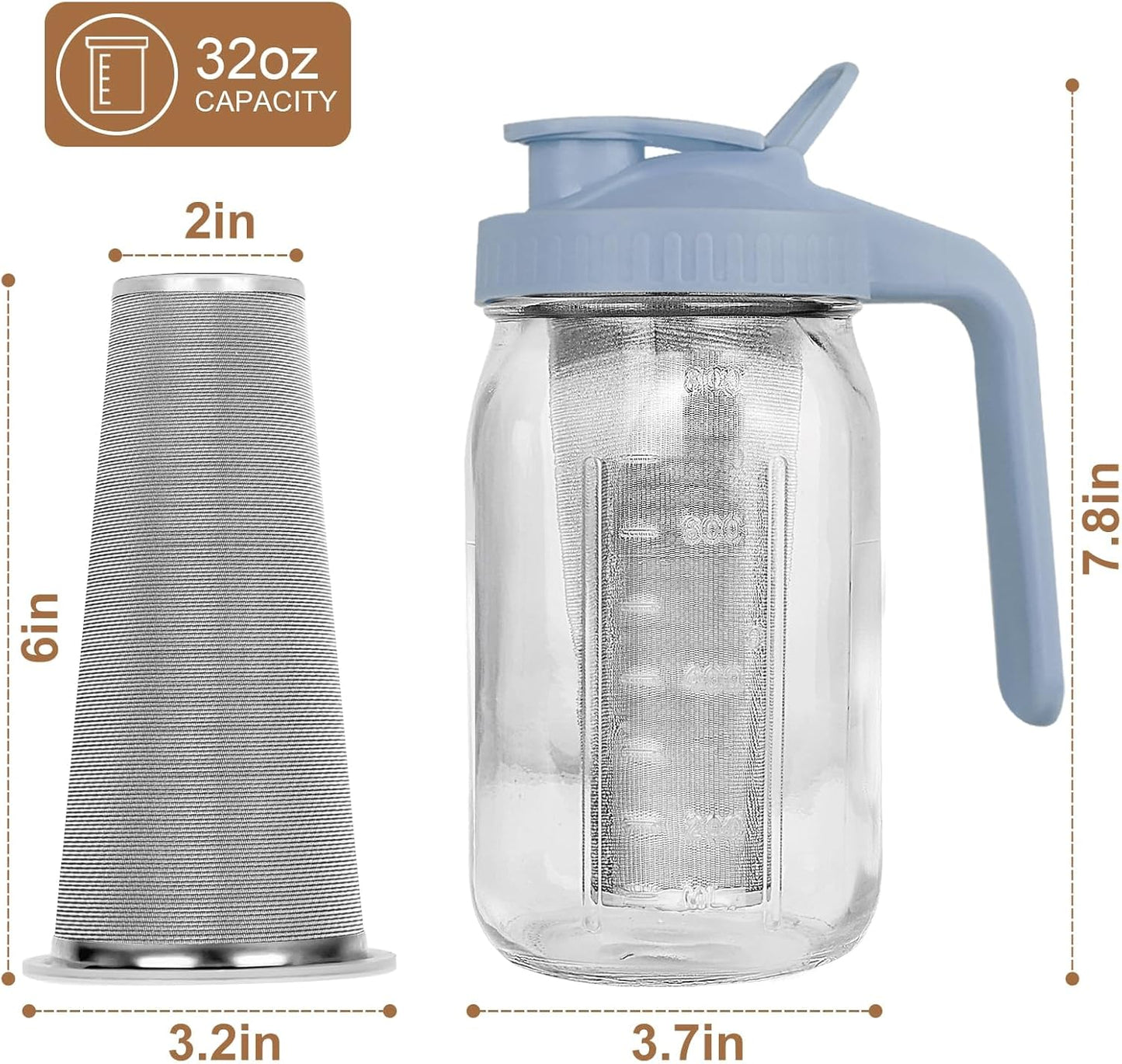 Cold Brew Coffee Maker,32 oz Mason Jar Pitcher with Stainless Steel Filter, Pour Spout Handle Lid, Heavy Duty Glass Airtight & Leak-Proof Pitcher for iced coffee Tea Lemonade-Gray