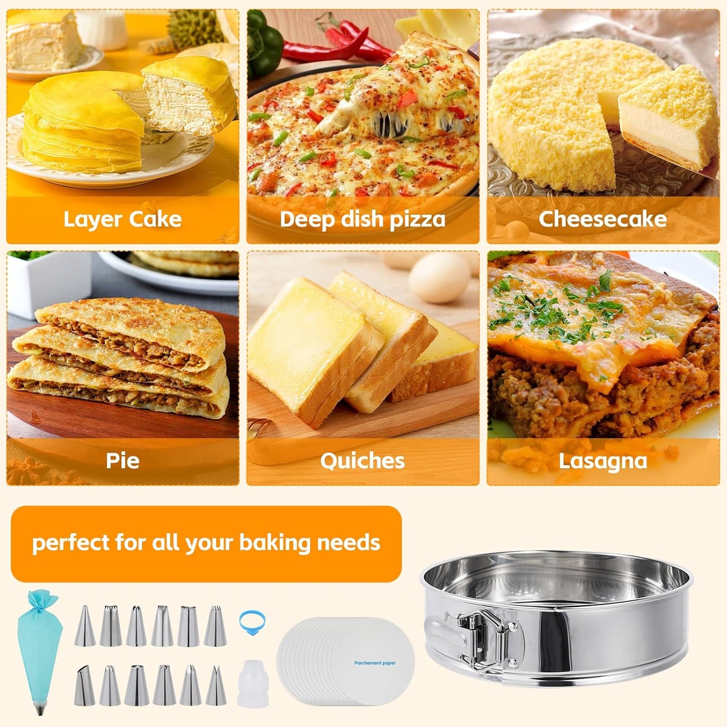 Aufind 10 Inch Springform Pan for Baking, 304 Stainless Steel Cheesecake Pan with Removable Bottom, Includes 12 Piping Tips and 50 Parchment Papers for Pie Cake Pizza and Quiches(10" Cake pan)