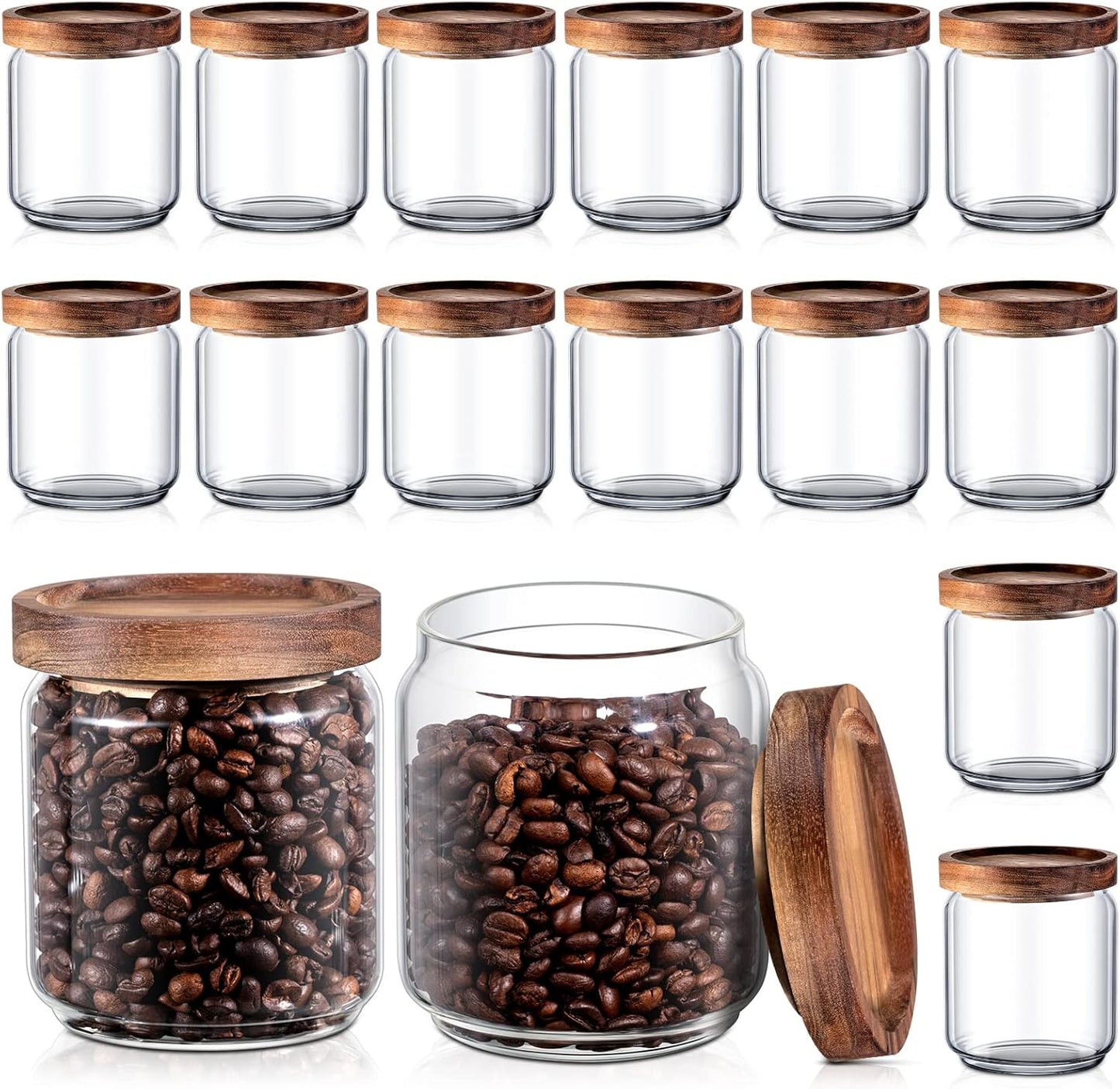 Irenare 16 Pcs 17 oz/ 500 ml Glass Canister Food Airtight Sealed Clear Borosilicate Glass Storage Jars with Lids Kitchen Spice Containers for Serving Coffee Sugar Tea Beans Candy Nuts Pantry (Wood)