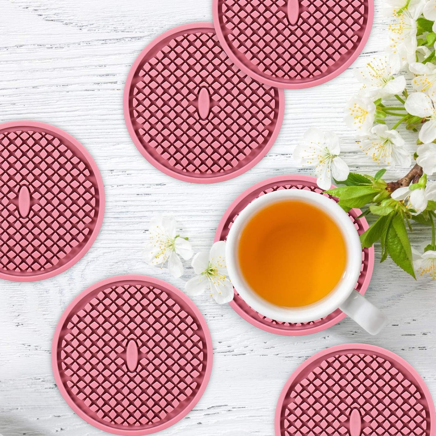 ME.FAN Silicone Coasters [6 Pack] Thickened Drink Coasters with Holder - Cup Mat - Non-Slip, Non-stick, Stay Put, Deep Tray - Prevents Furniture and Tabletop Damages(Pink)