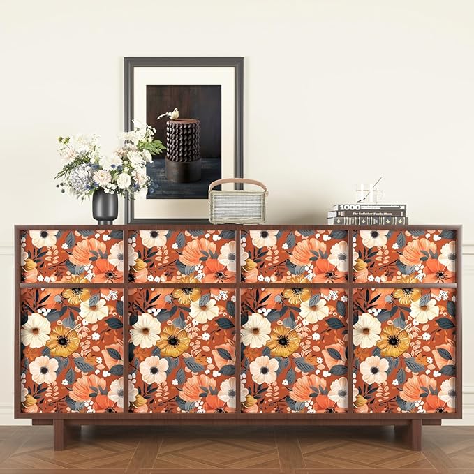 BOKEBEVE Extra Long Orange Wallpaper Stick and Peel Boho Floral Contact Paper - Image 6