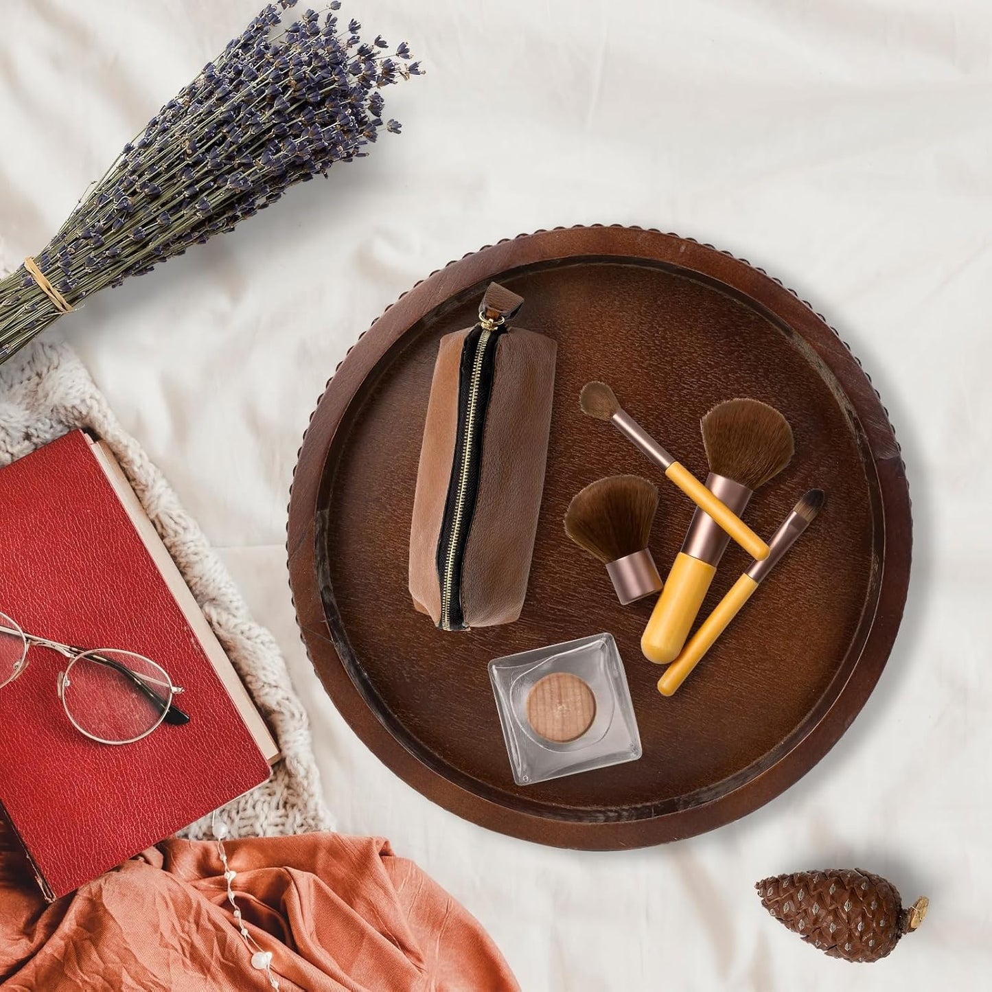 Wood Decorative Serving Tray with Bead, Round Vintage Wooden Ottoman Tray for Home Centerpiece, Counter Organizer, 13” Circle Tray for Kitchen, Living Room (Dark Brown)
