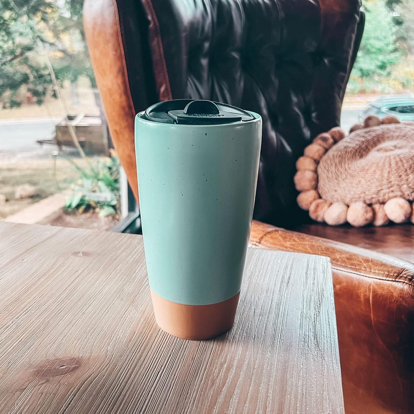 Mora Double Wall Ceramic Coffee Travel Mug with Lid, 14 oz, Portable, Microwave, Dishwasher Safe, Insulated Reusable Tall Cup, Splash Resistant Lid - To Go Tumbler for Car Cup Holder, Seafoam