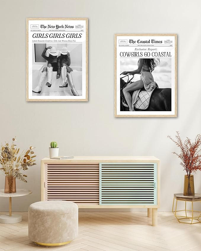 iHery Unframed Trendy Coastal Cowgirl NewsPaper Wall Art Prints, 12x16in Black - Image 6