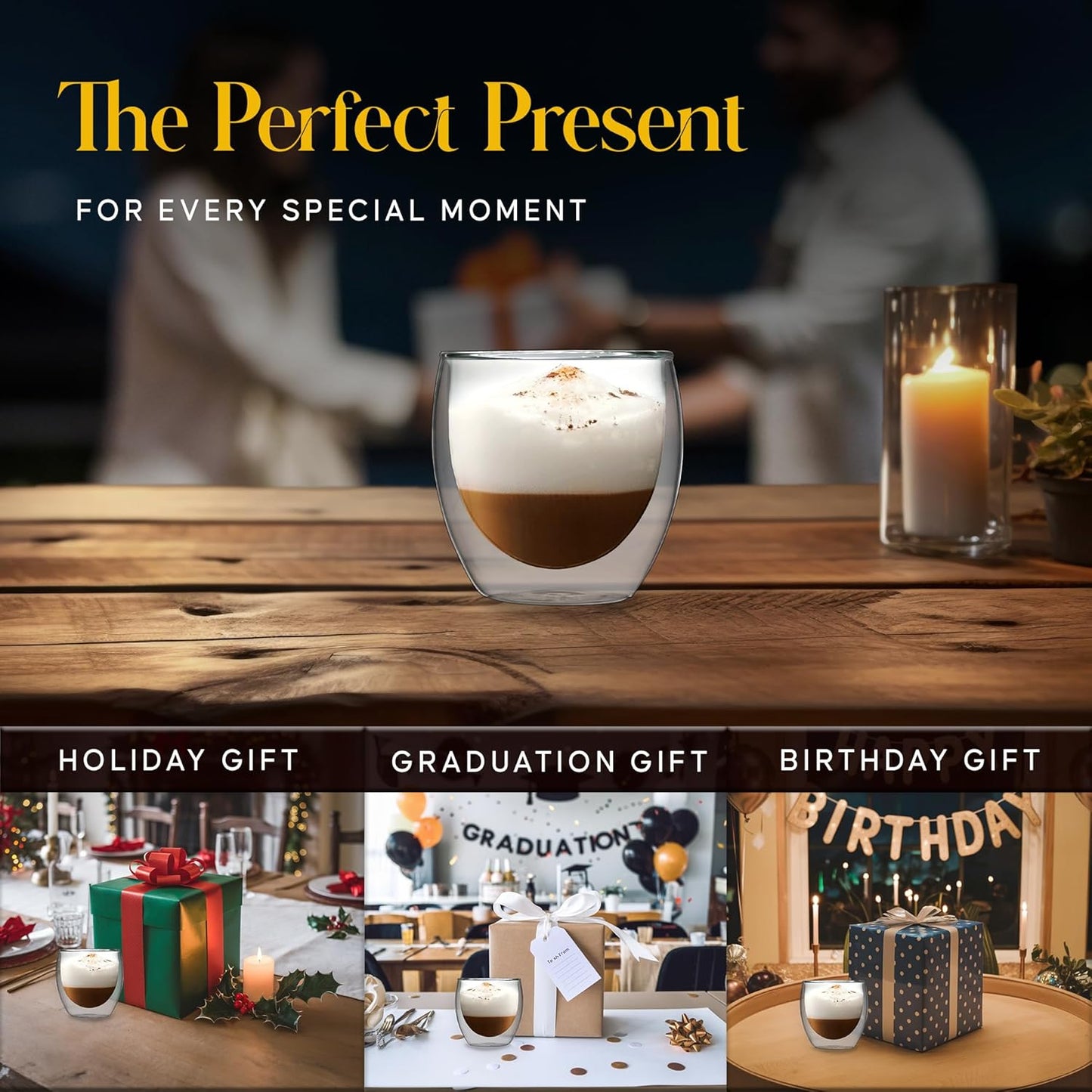 Kitchables Double Wall Glass Coffee Mugs Set of 4, 8oz - Insulated Clear Glass Coffee Mugs for Cappuccino, Latte, Tea, Espresso - Latte Cup - Tazas Para Cafe