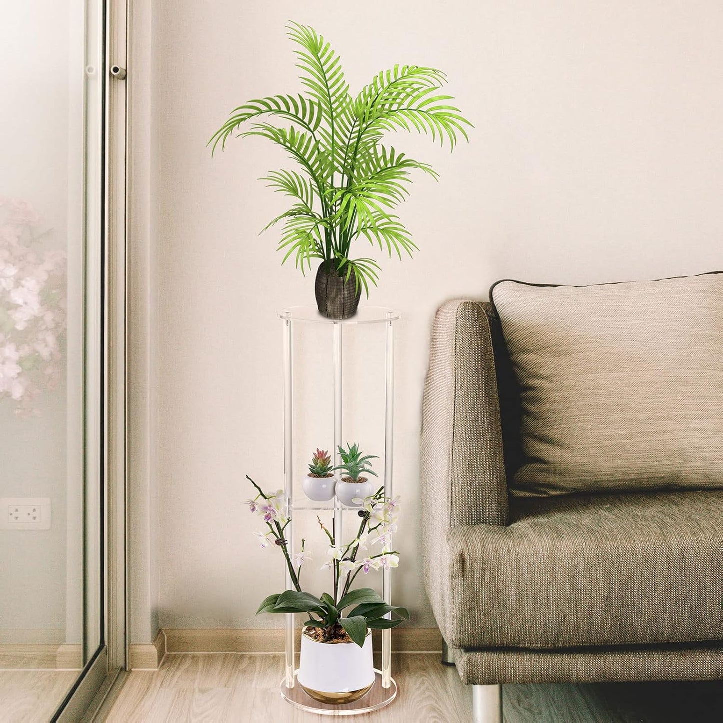 HMYHUM Clear Acrylic Drink Table for Small Spaces, Small Martini Drink Side Table for Living Room, 3 Tiers, C Shaped, 8" L x 8" W x 26" H