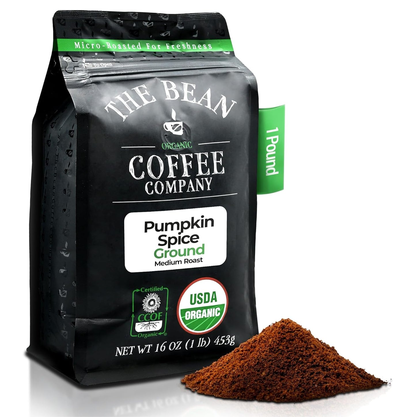 The Bean Organic Coffee Company Pumpkin Spice, Medium Roast, Ground Coffee, 16-Ounce Bag,Café molido tostado organico