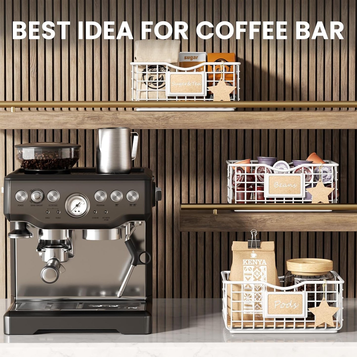 Coffee Pod Holder for Counter and Bar - Large Capacity White Wire Storage Organizer With Cork Liner - Bar Accessories