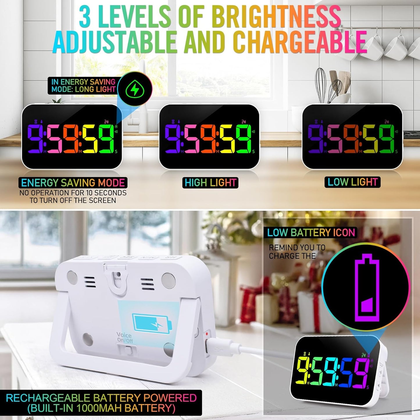 TXL Kitchen Timer for Cooking, Rechargeable Digital Magnetic Timer with Large LED Display, Loud Alarm, Sound Countdown, 4 Volume Levels and 3 Brightness for Classroom, Study (RGB)