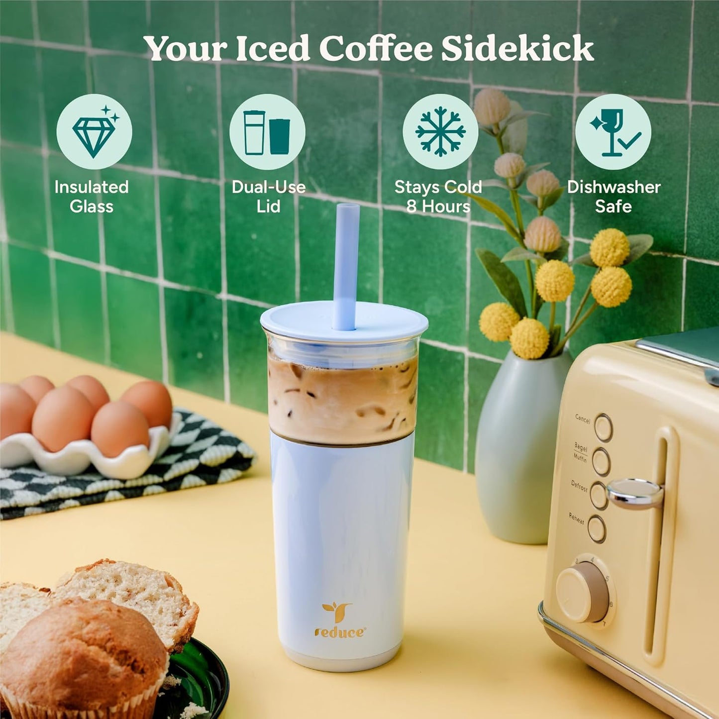 REDUCE Aspen 20 oz Vacuum Insulated Glass Tumbler with Lid & Extra Wide Straw - Keeps Drinks Cold for 12 Hrs - Ideal for Iced Coffee, Smoothies & Boba - Dishwasher Safe, Soft Base - Unbleached