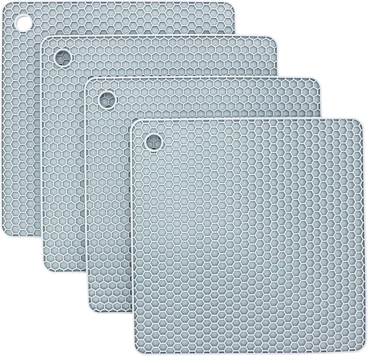 Silicone Trivets Mats, Silicone Hot Pads for Pot Holder, Square Trivets for Hot Dishes, Pots and Pans, Multipurpose Hot Pads for Kitchen Counter, Non Slip Heat Resistant Mats Set 4 Light Grey