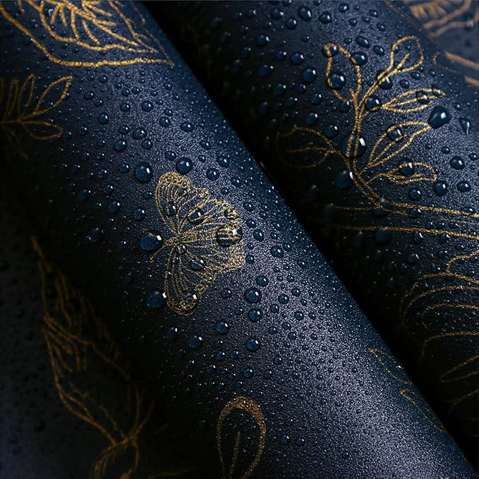 Froluya Dark Blue and Gold Vintage Floral Peel and Stick Wallpaper 17.7"x118.1" - Image 7