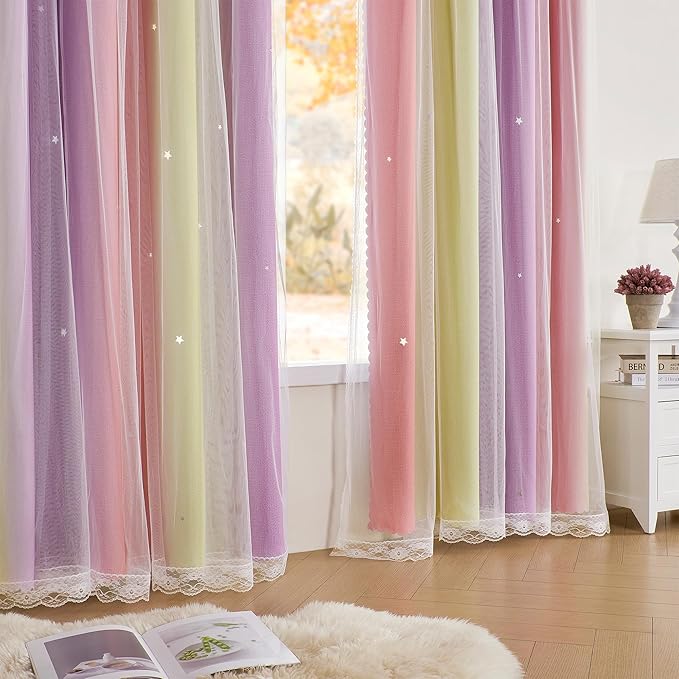 XiDi Curtains for Bedroom Decor, Rainbow Pink PurpleYellow34/90/1 - Image 4