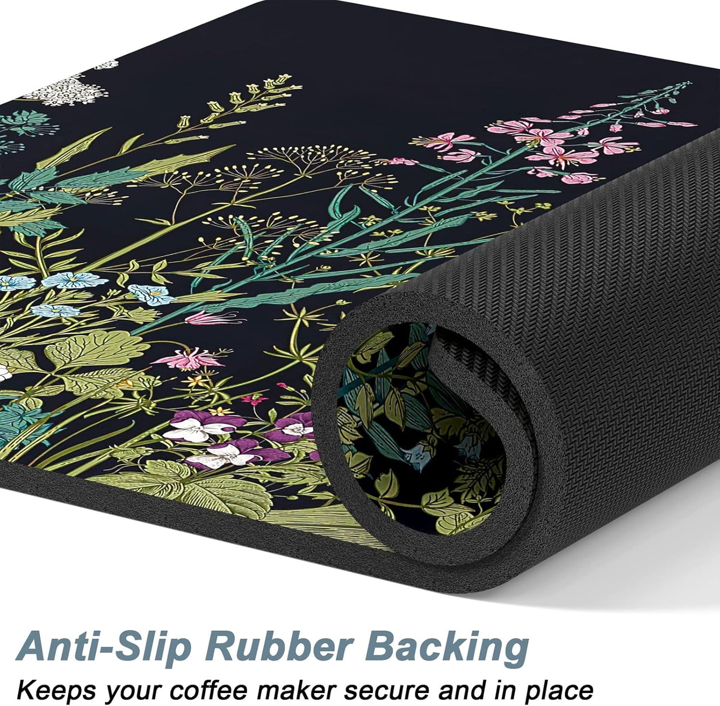 Rnivvi Coffee Mat, 12" x 19" Cute Flower Theme Coffee Bar Mats for Espresso Machine Station Accessories and Organizer, Hide Stain Rubber Backed Absorbent Dish Drying Pad for Kitchen Counter, Black