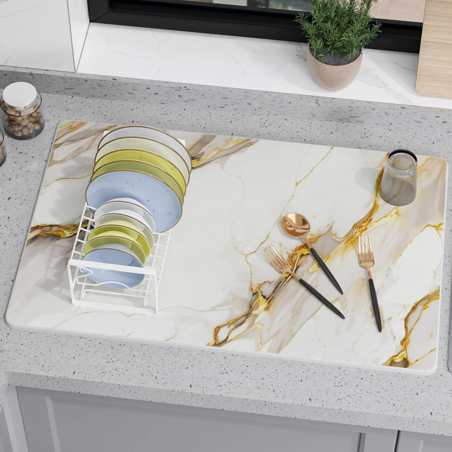 Large Stone Drying Mat for Kitchen Counter, 24" × 16" Diatomite Dish Drying Mat, Quick Dry Stone Mats, Ultra Absorbent Natural Diatomaceous Earth Mats for Dished, Bottles, White Marble