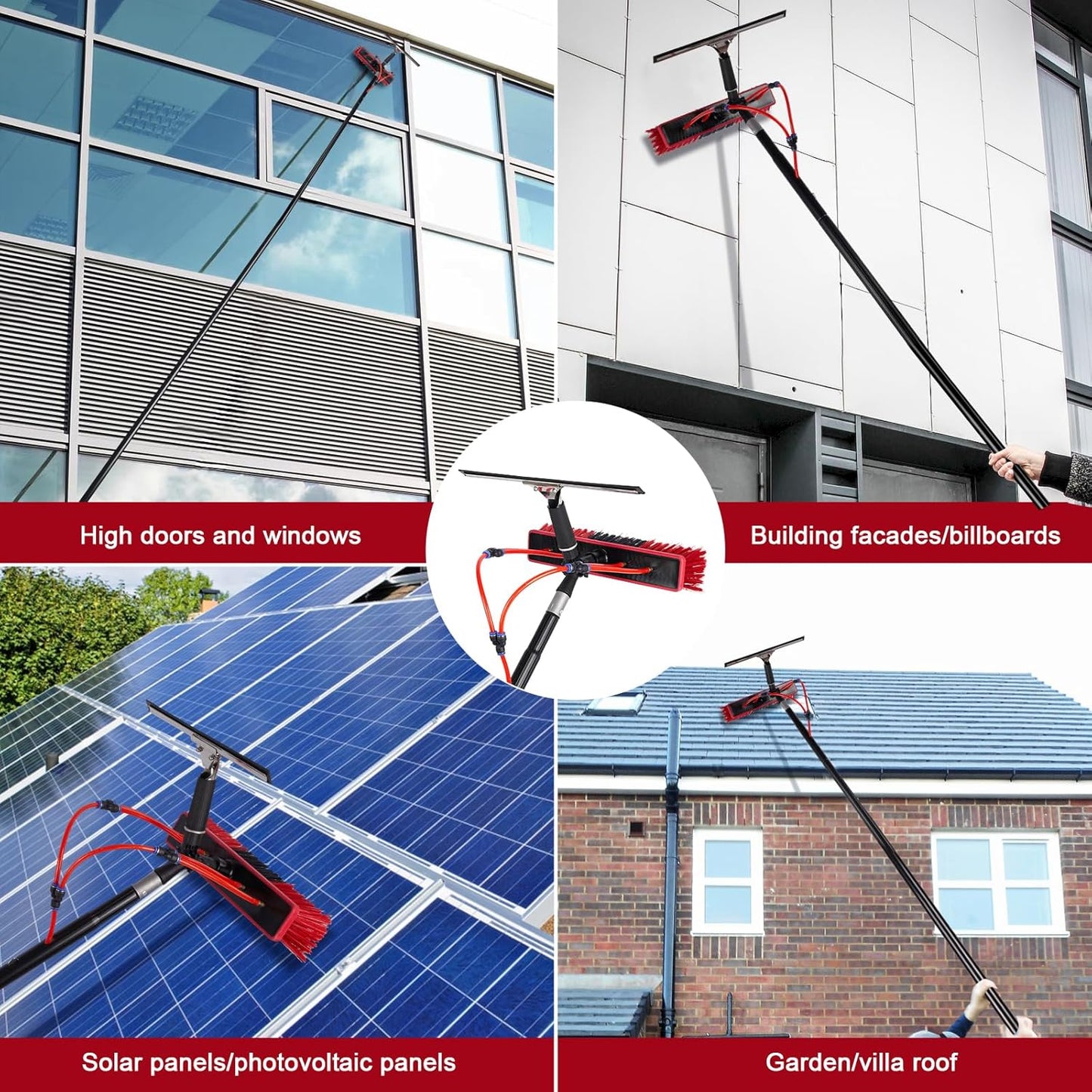 40ft Water Fed Pole Kit, Rotatable Solar Panel Cleaning Brush & Squeegee, 2 Dusting Brushes, Extendable Black Lightweight Pole for Roof Window