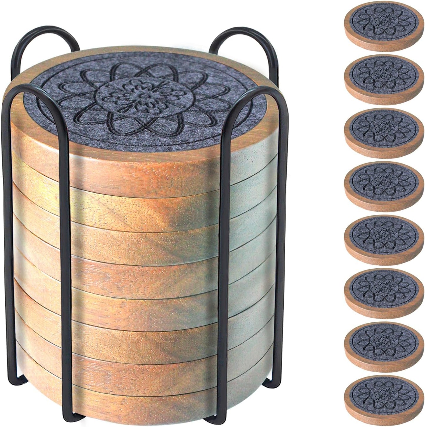 Wood Coasters for Drinks Set of 8, Minacun Absorbent Coaster, Drinks Coasters for Coffee Tabletop Protection, Non-Slip, Non-Stick, Suitable for Kinds of Cups Wooden Table Drink, 4.3 Inch Gray