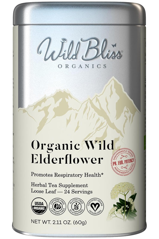 Wild Bliss Organic Elderflower Tea – Immune and Respiratory Support - Caffeine Free Loose Leaf Elder Flowers - 2.11 Ounces - 24 Servings