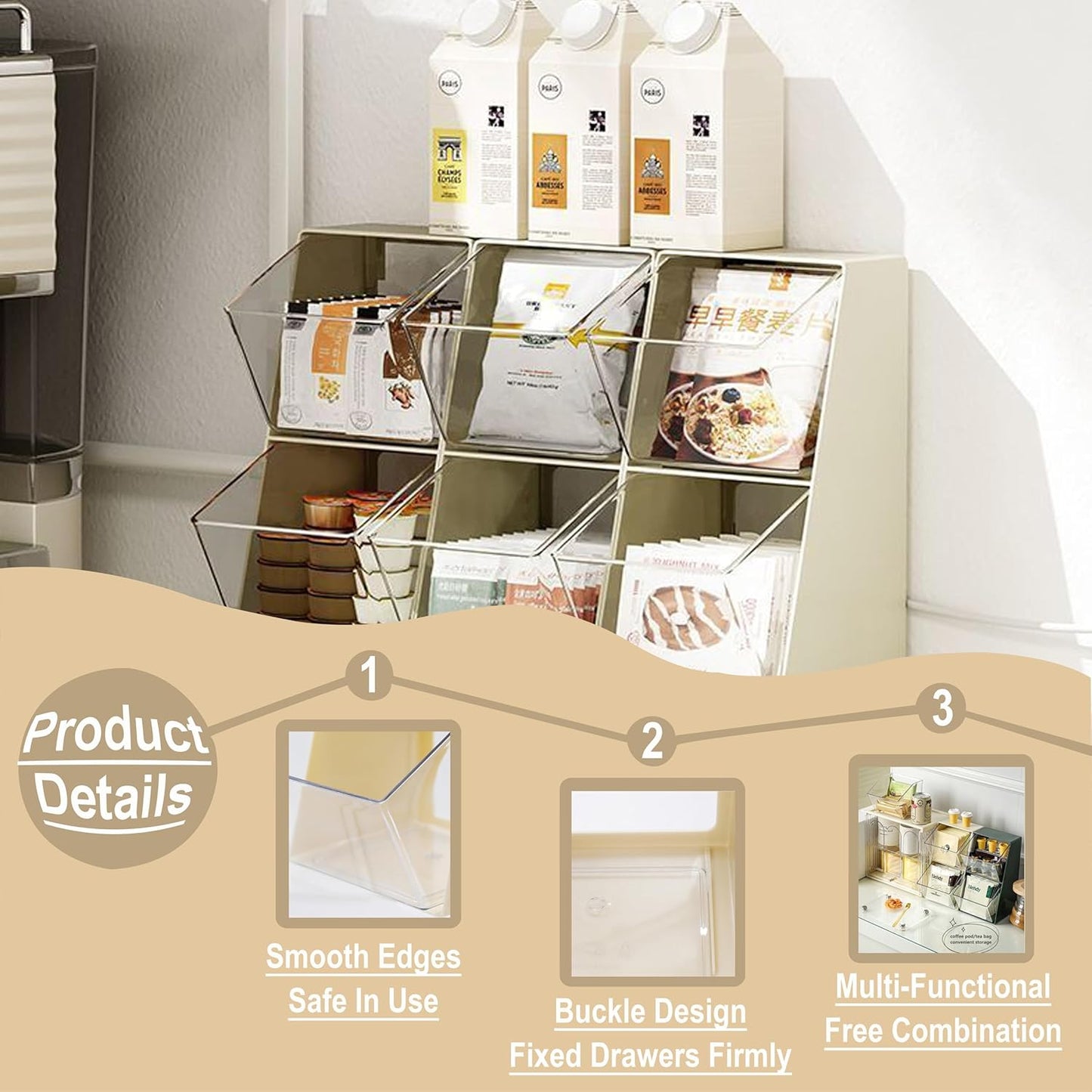 Acrylic Tea Bag & K Cup Organizer with 2 Transparent Drawers - Compact Multi-Use Storage for Coffee Pods, Sugar Packs - Kitchen & Office Counter Organizer - White