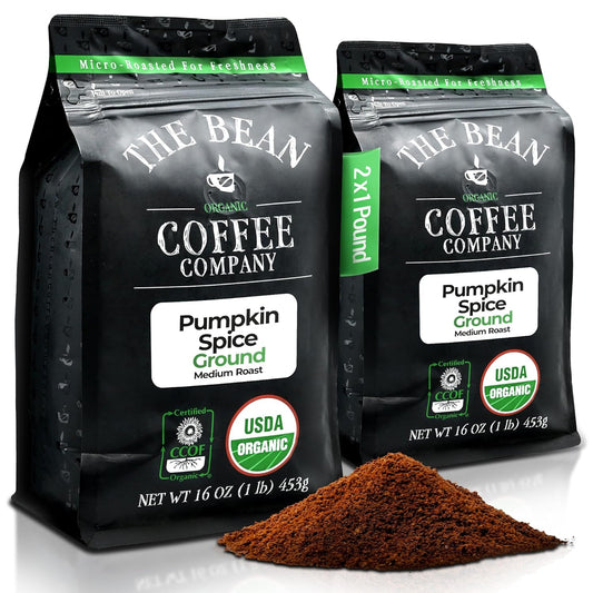 The Bean Organic Coffee Company Pumpkin Spice, Medium Roast, Ground Coffee, 16-Ounce Bags (Pack of 2),Café molido tostado organico