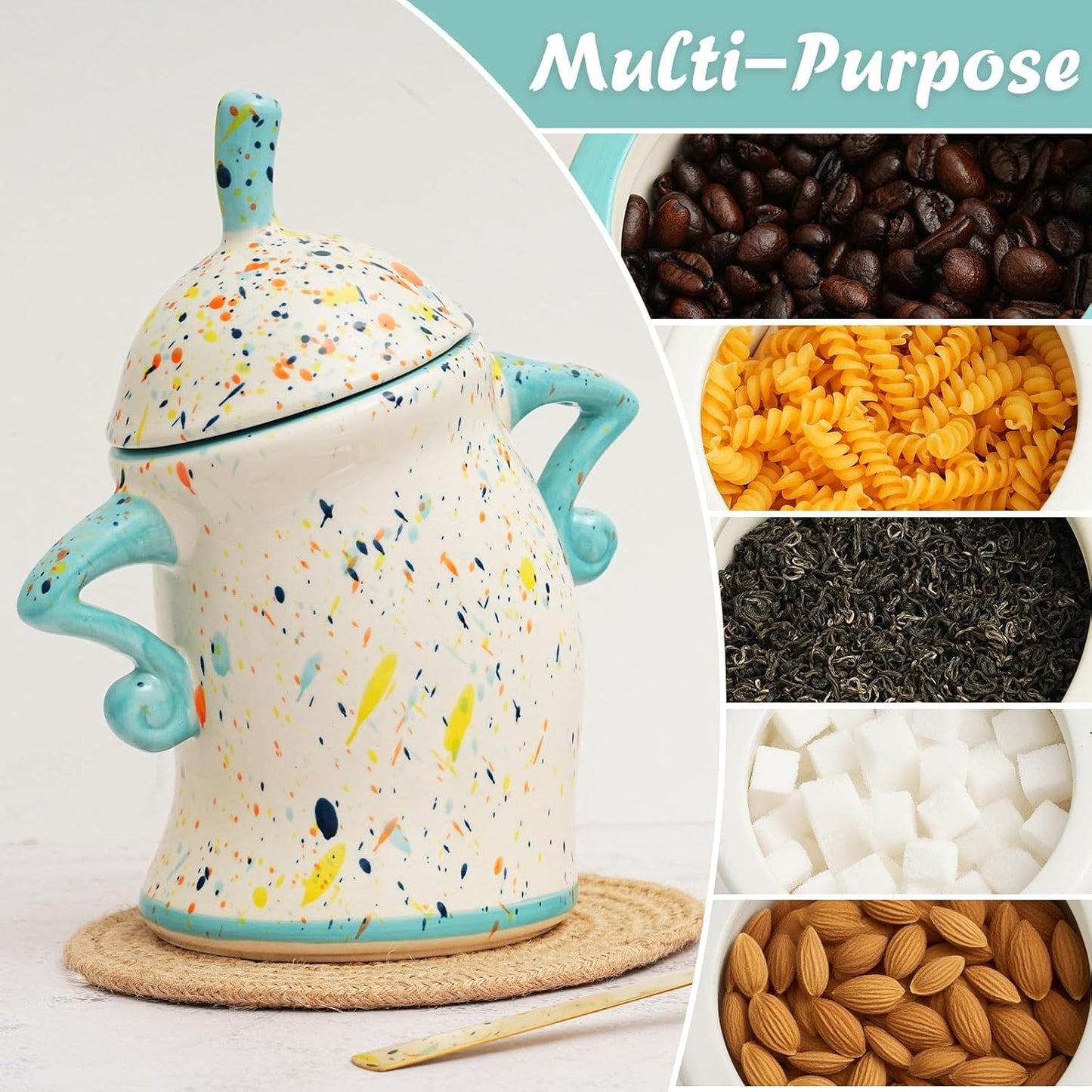 Canister With Attitude - Attitude Jar, Ceramic Airtight Food Storage Container with Spoon for Tea, Coffee, Sugar, Flour, Cute Kitchen Decor (Colorful)