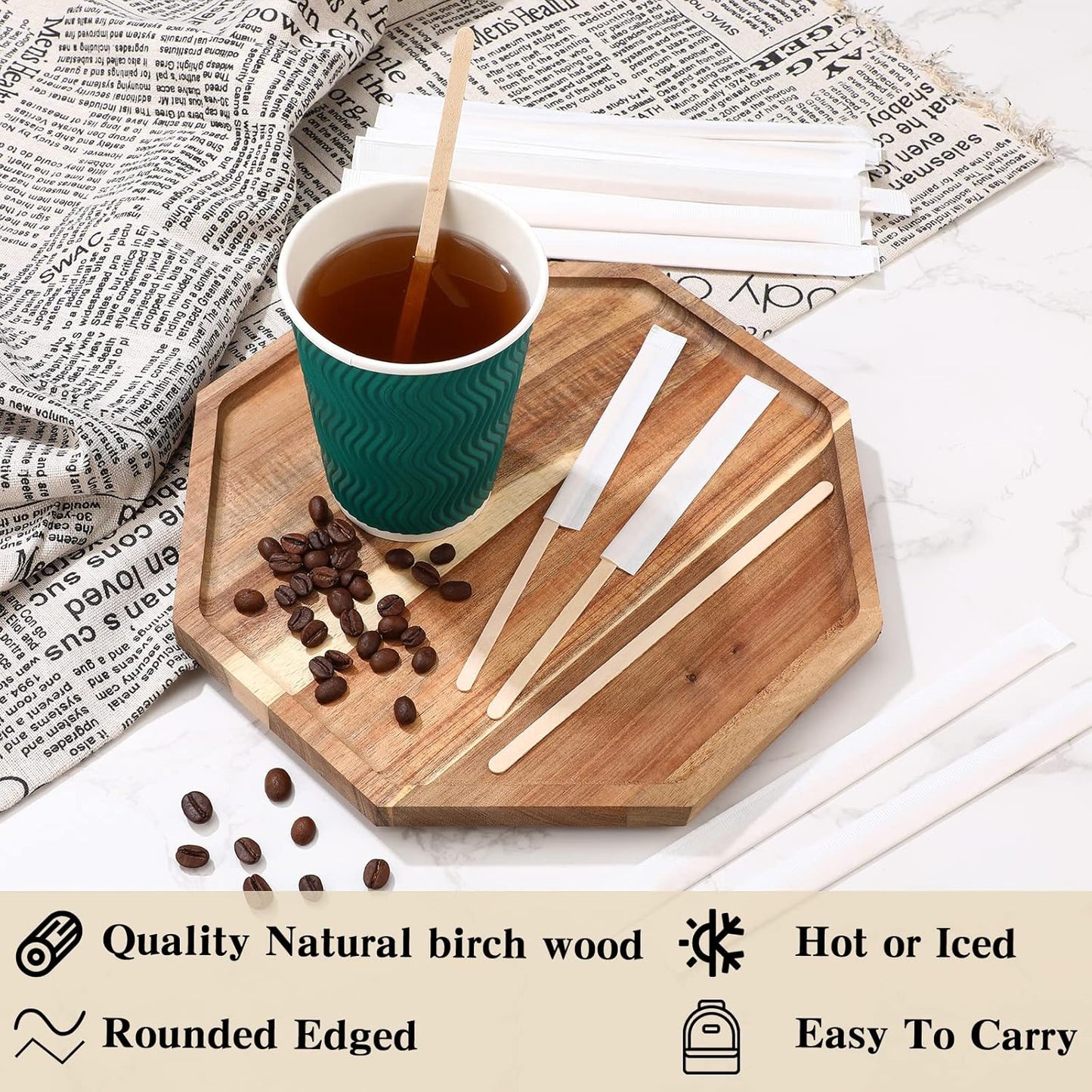 2000 Pcs Individually Wrapped Wooden Coffee Stirrers, Disposable Coffee Stir Sticks Round End Sticks Bulk Wood Stirrers for Cocktail Hot Drinks Restaurant Bar Home Office (7.5 Inch)