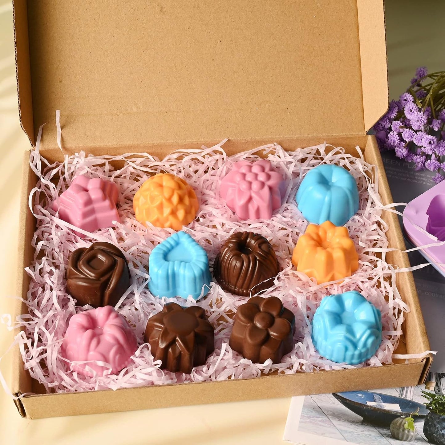 Sakolla 3 Pack Flower Molds Silicone, 12 Cavities Different Shapes Silicone Molds for Chocolate, Cupcake, Candy, Jelly, Ice Cube, Muffin (Pink, Purple, Blue)