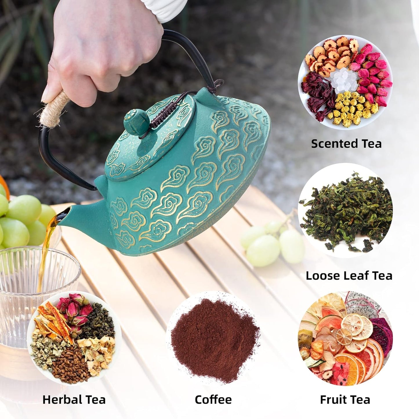 Cast Iron Teapot, Japanese Tea Pot with Infuser for Loose Leaf, Tea Kettle Stovetop Safe Coated with Enameled Interior, Clouds Pattern 27oz, 800ml Black