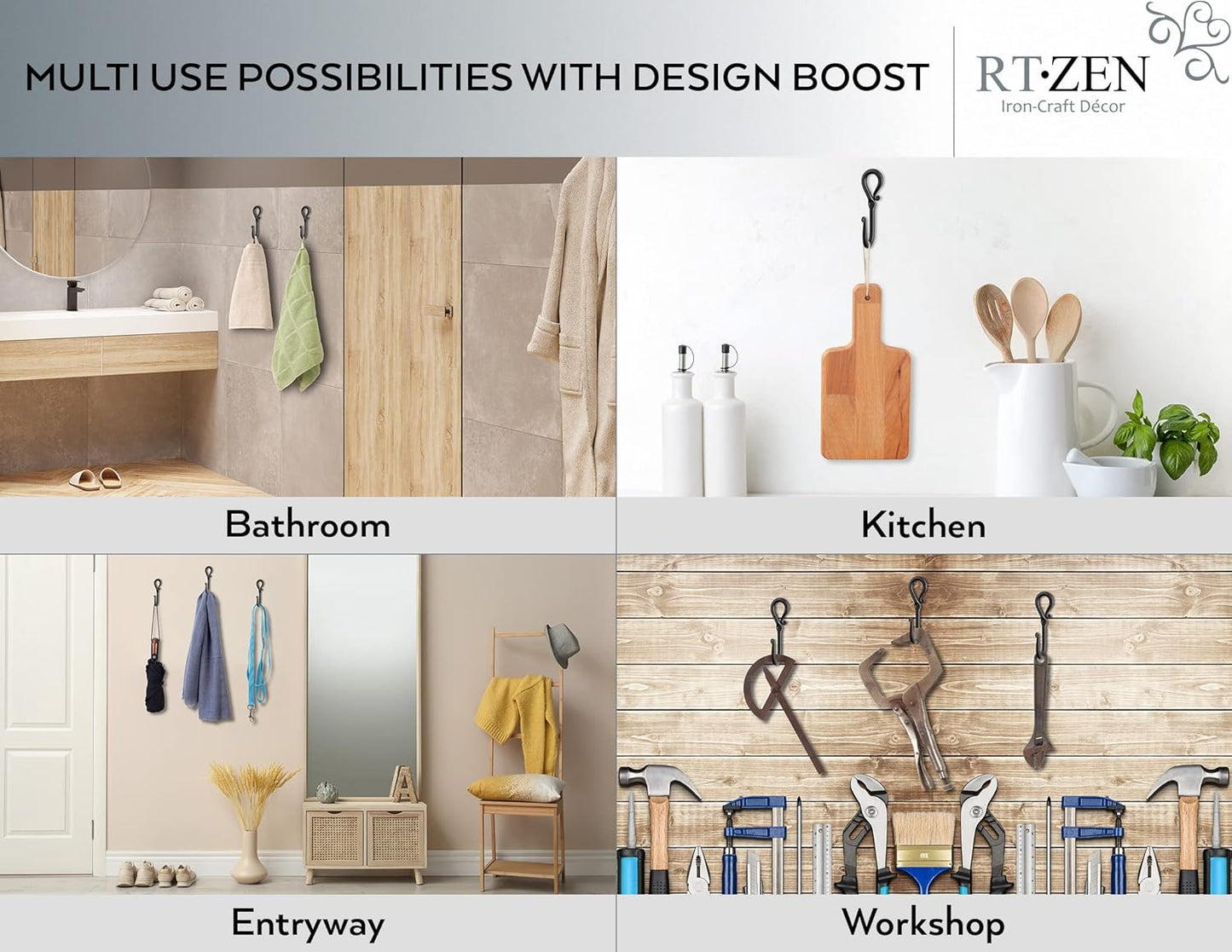 RTZEN Wall Mount Hook Set - Wrought Iron Decorative Rustic Metal Coat Hooks for Hanging - Handcrafted Classic Farmhouse Wall Mounted Black Hooks for Towel Robe or Hat Hanging - 3 Pack