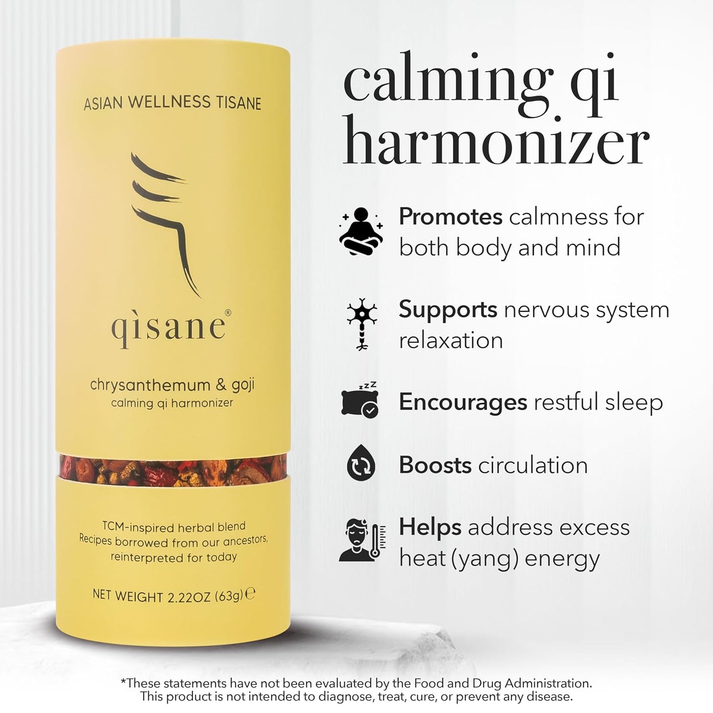 qìsane Chrysanthemum Tea Bags with Organic Dried Goji Berries - Dried Chrysanthemum Flowers, Dried Longan Fruit & Jujube Dates - Herbal Tea to Support Calmness & Well-Being - 10 sachets (~30 cups)