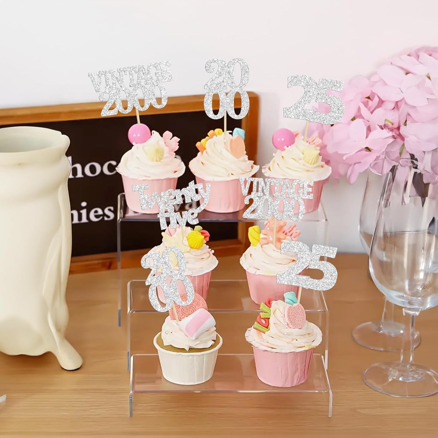 Gyufise 24Pcs 25th Birthday Cupcake Toppers Glitter Twenty-five Vintage 2000 Hello 25 Years Birthday Cupcake Pick Cheers to 25 Cake Decoration for Happy 25th Anniversary Party Supplies Silver