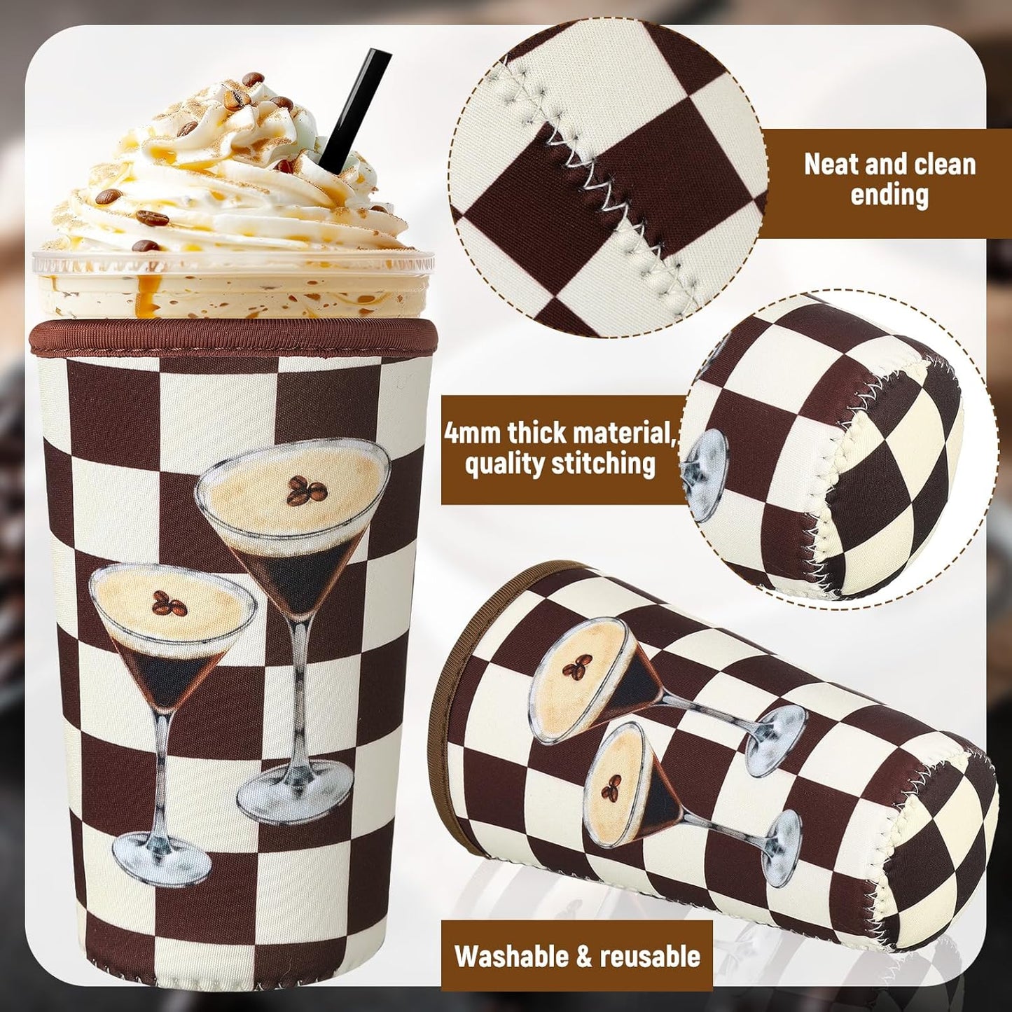 8 Pcs Reusable Sleeves for Iced Coffee Cup Pink Bow Cup Coolie Espresso Martini Reusable Coffee Insulator Sleeves Neoprene Insulated Holder for Iced & Hot Drinks, 22-24 oz