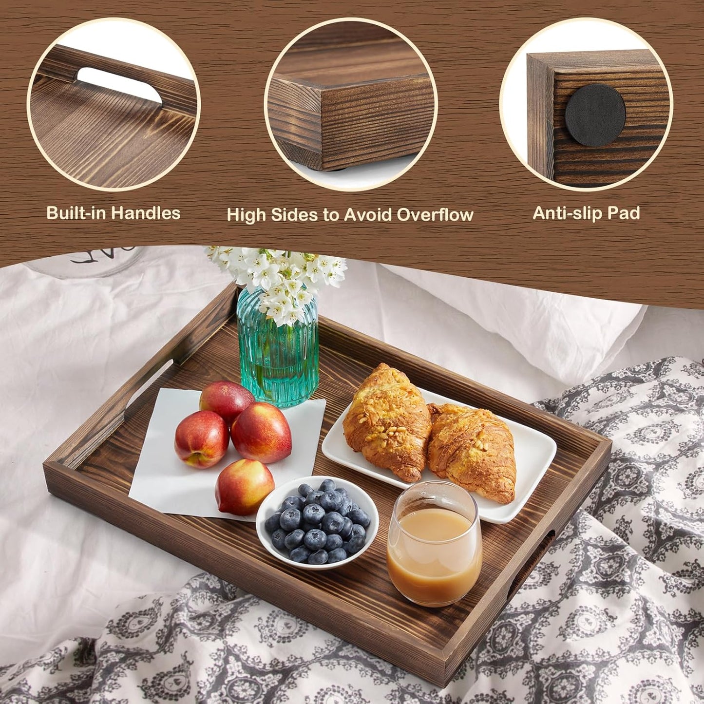 17 Inch Burnt Wood Serving Tray with Handles, Large Wooden Tray for Ottoman, Breakfast in Bed, Coffee Table, Dinner, Rectangular Tray for Living Room Bedroom Entryway and Kitchen