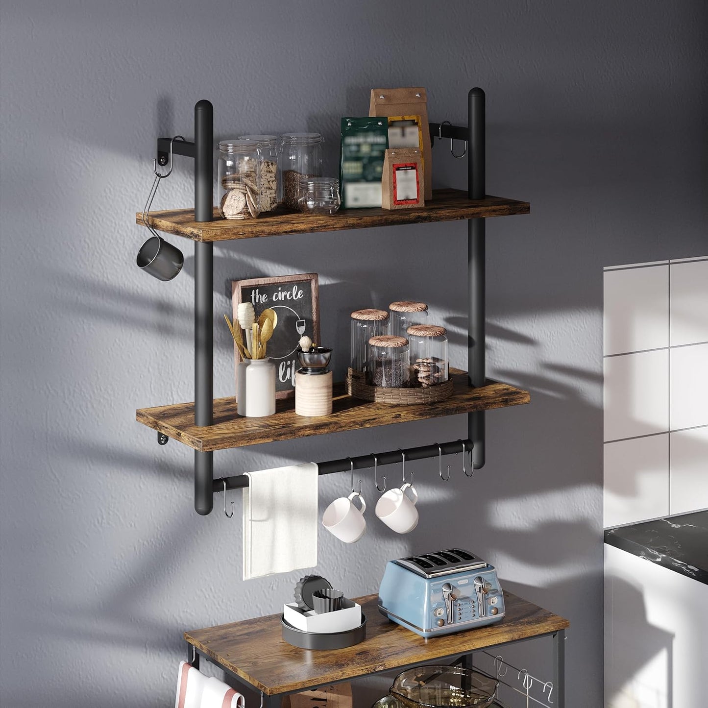 Bestier 24" Floating Kitchen Shelves Wall Mounted 2 Tier Coffee bar Shelves with 8 Hooks, Industrial Wall Shelf for Kitchen, Living Room Bedroom, Rustic Brown