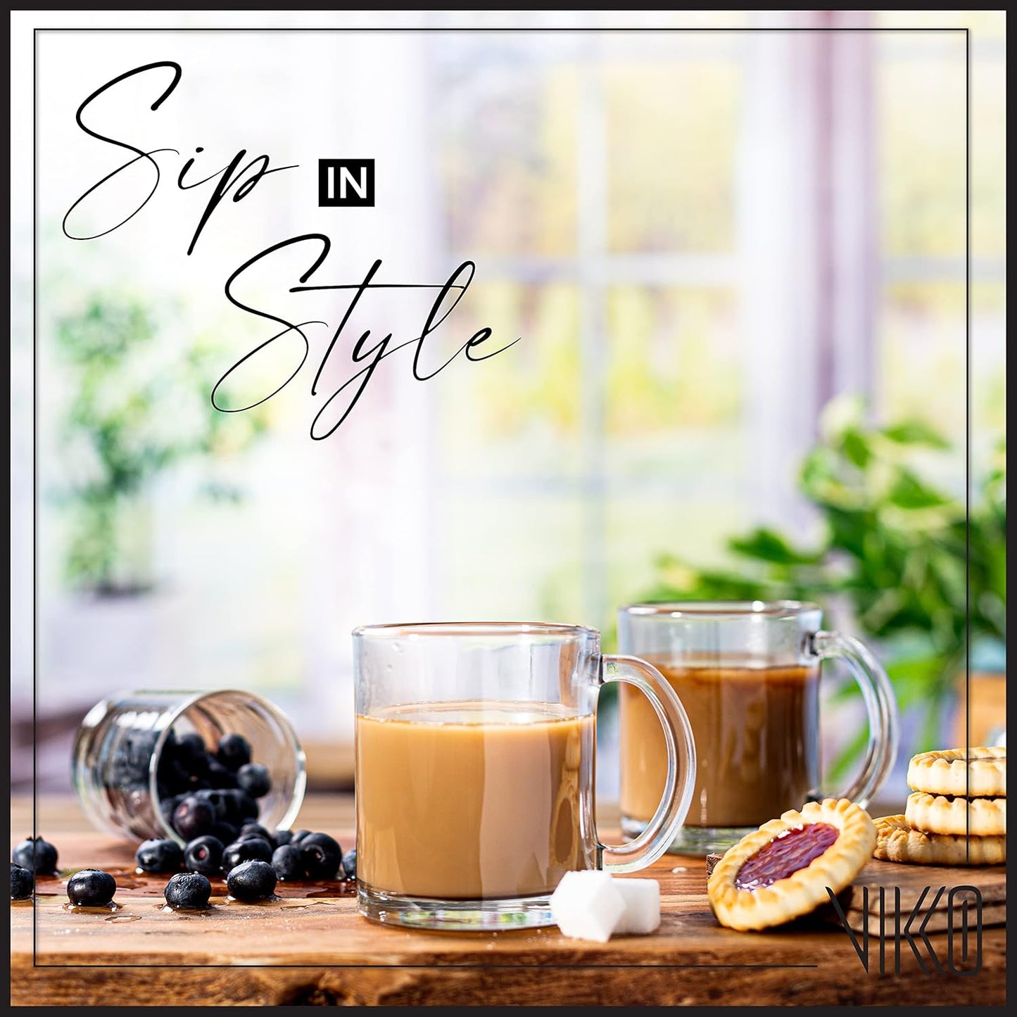 Vikko Glass Coffee Mugs, 10.75 Ounce Clear, Set of 4, Microwave & Dishwasher Safe