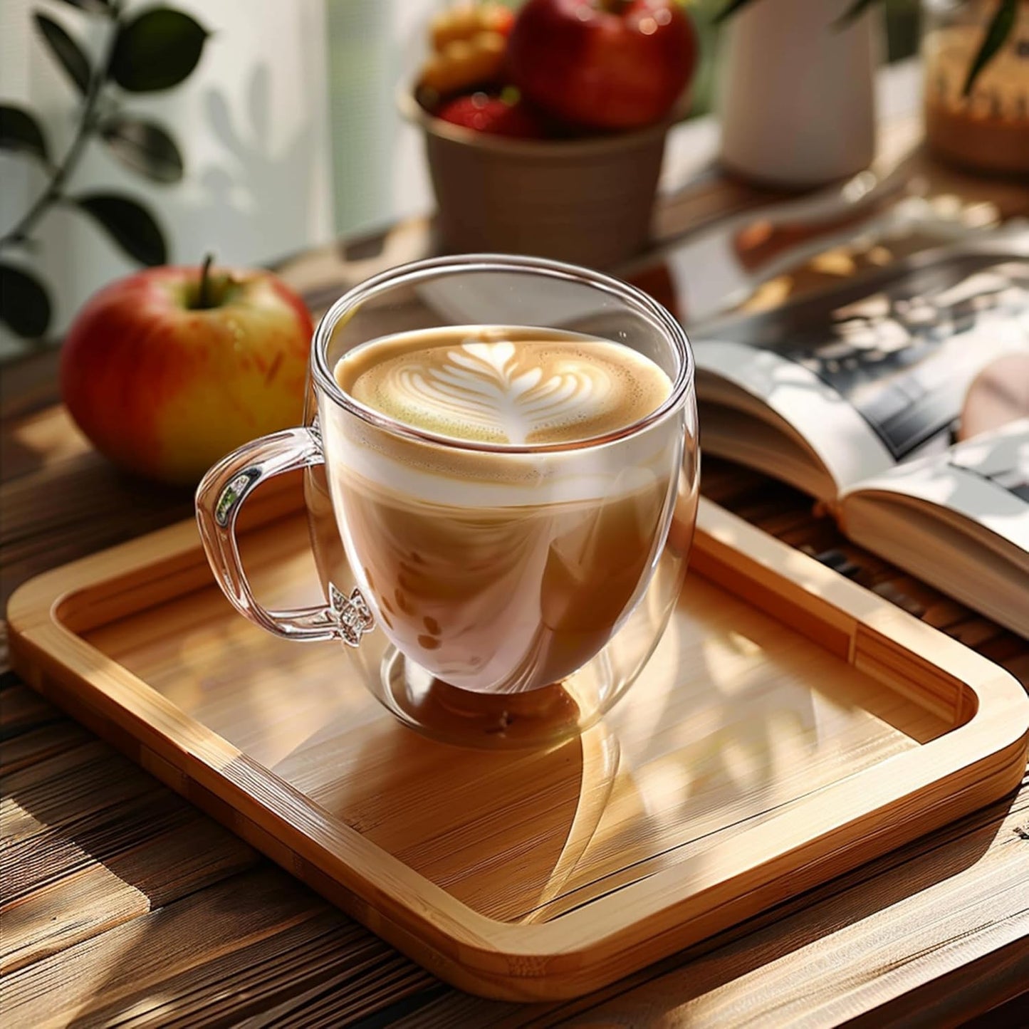 Set of 4 Double Walled Glass Coffee Mugs 8 Ounces Insulated Layer Coffee Cups with Handle Borosilicate Glass Espresso Cup for Hot Beverage,Cappuccino,Tea,Latte,Wine,Microwave Safe