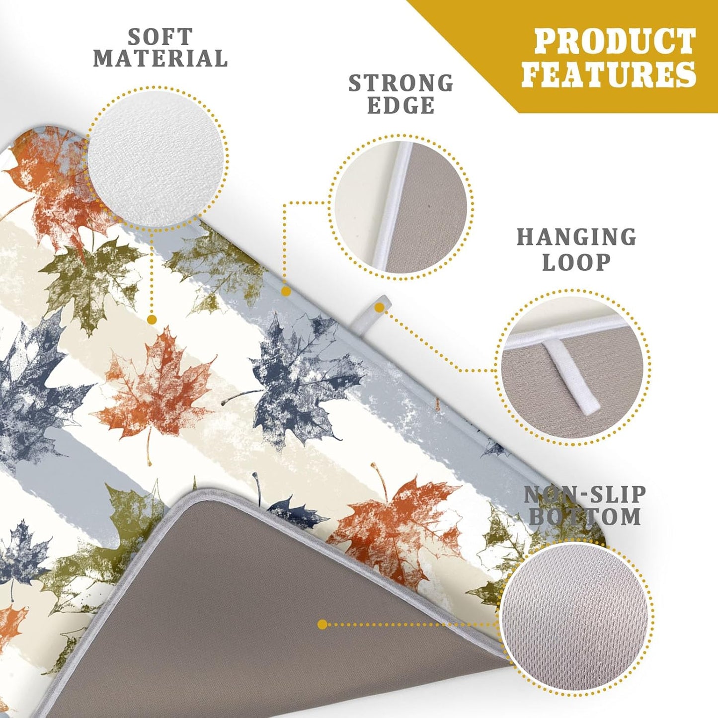 Autumn Colorful Maple Leaves Dish Drying Mat for Kitchen Counter,Blue and White Stripe Drying Mat 18 x 24 Inch with Absorbent Reversible Microfiber Dish Drying Pad Dish Rack Drainer Mat for Coffee Bar