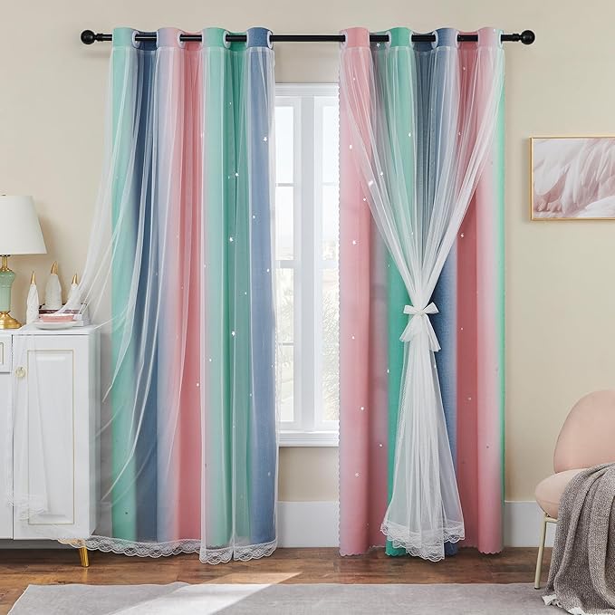 XiDi Curtains for Bedroom Decor, Rainbow Pinkgreen grey52/90 by Addsomecolortolife