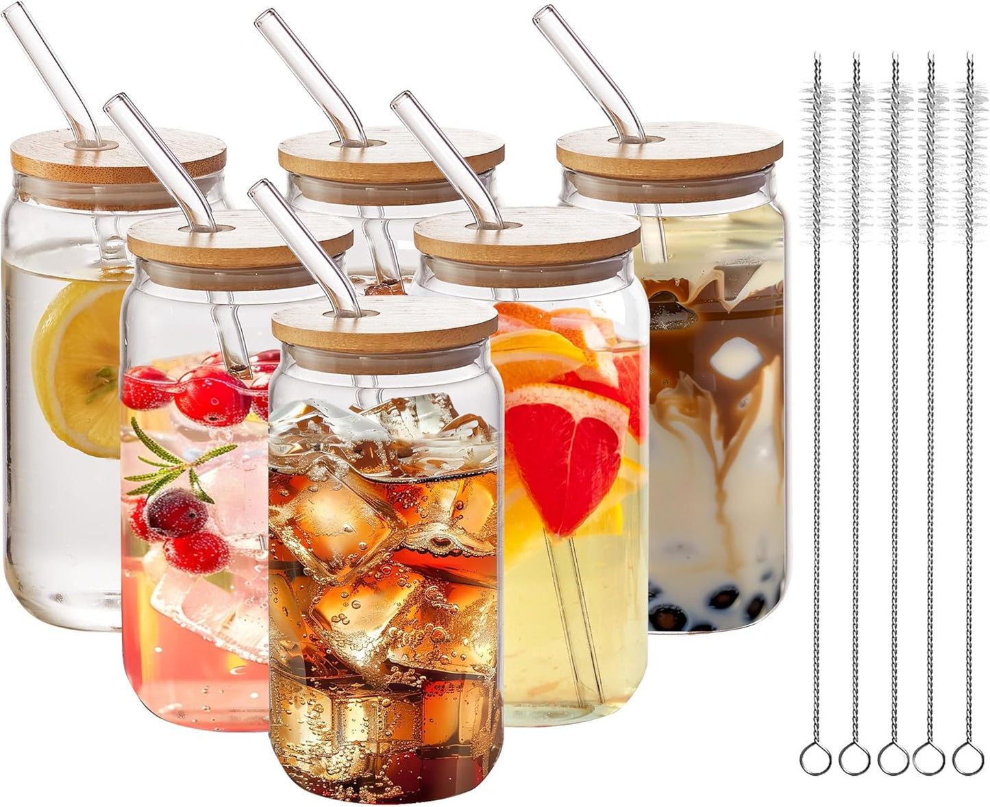 6pcs Set-16oz, Glass Cups with Bamboo Lids and Glass Straw - Beer Can Shaped,CuteTumbler Cup,Soda,deal for Cocktail,Iced Coffee Cups,6 Cleaning Brushes glass cups with lids and straws