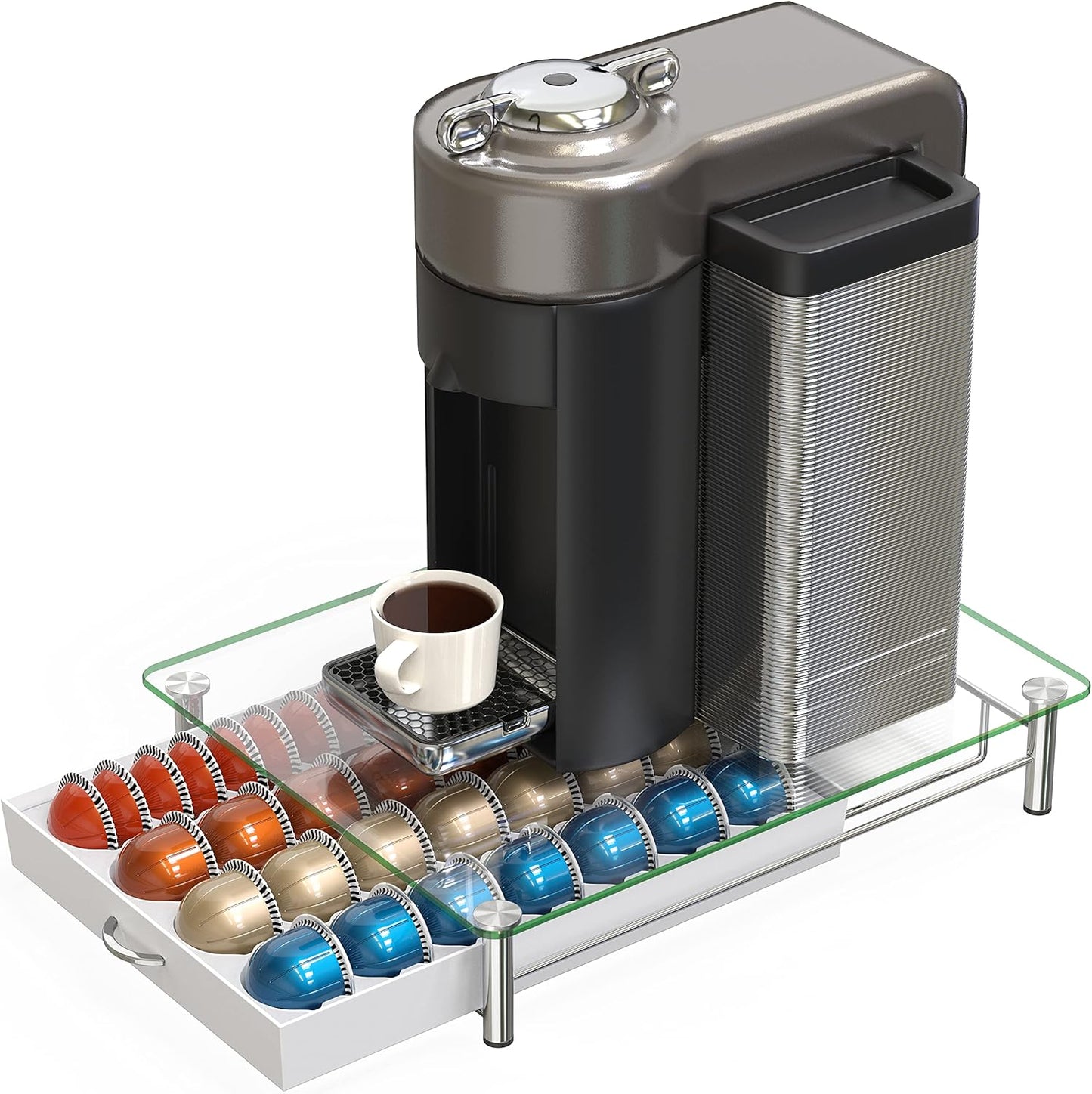 DecoBrothers Crystal Tempered Glass Vertuo Pod Holder Drawer, 28 Large or 56 Small Nespresso Capsule Organizer, White