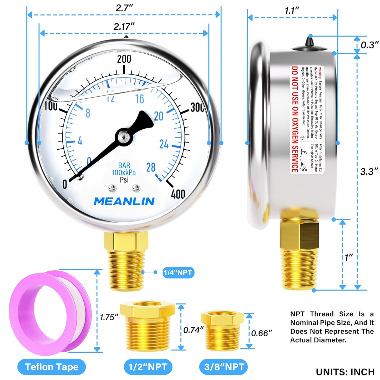 MEANLIN MEASURE 0~400Psi Stainless Steel 1/4" NPT 2.5" FACE DIAL Liquid Filled Pressure Gauge WOG Water Oil Air Lower Mount, with 1/4" x 1/2" NPT and 1/4" x 3/8" NPT Hex Bushing