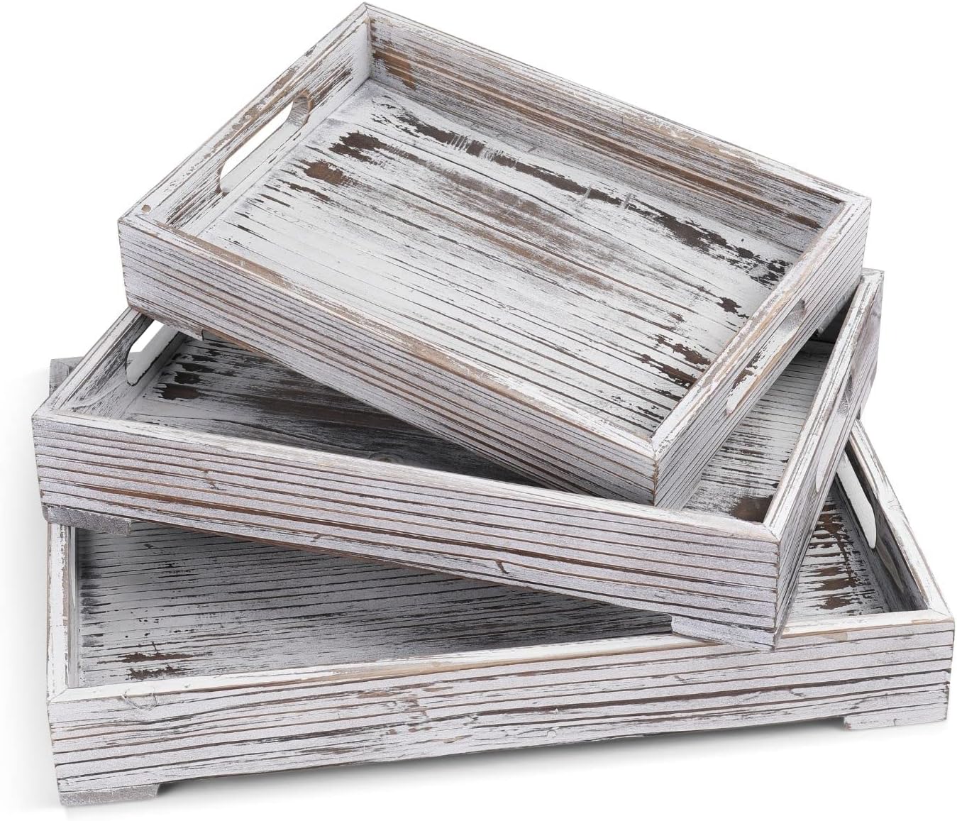 Flexzion Rustic Wooden Serving Tray with Handle - 3-Piece Set of Wooden Trays for Ottomans, Torched Whitewash Nesting Trays for Eating, Decoration, Coffee, Stackable Rectangular Breakfast Trays