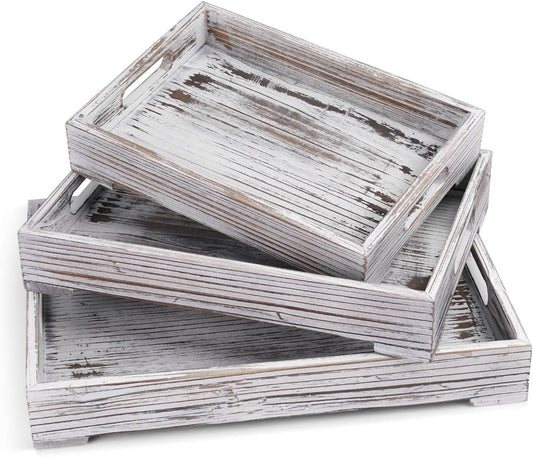 Flexzion Rustic Wooden Serving Tray with Handle - 3-Piece Set of Wooden Trays for Ottomans, Torched Whitewash Nesting Trays for Eating, Decoration, Coffee, Stackable Rectangular Breakfast Trays
