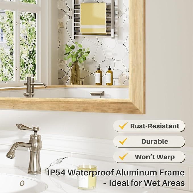 60x40 Inch Bathroom Mirror for Wall, Anti-Rust Oak Wood Grain Metal Framed - Image 4