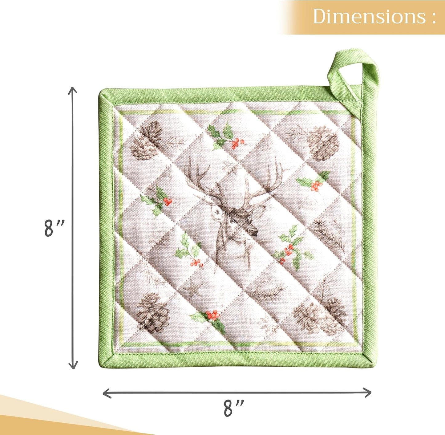 Maison d' Hermine Pot Holders Set 100% Cotton Heat Resistant Potholders 8" x 8" Hot Pads with Loop BBQ, Cooking, Baking, Grilling, Kitchen, Handling Hot Pans (Pack of 2, Christmas Dew)