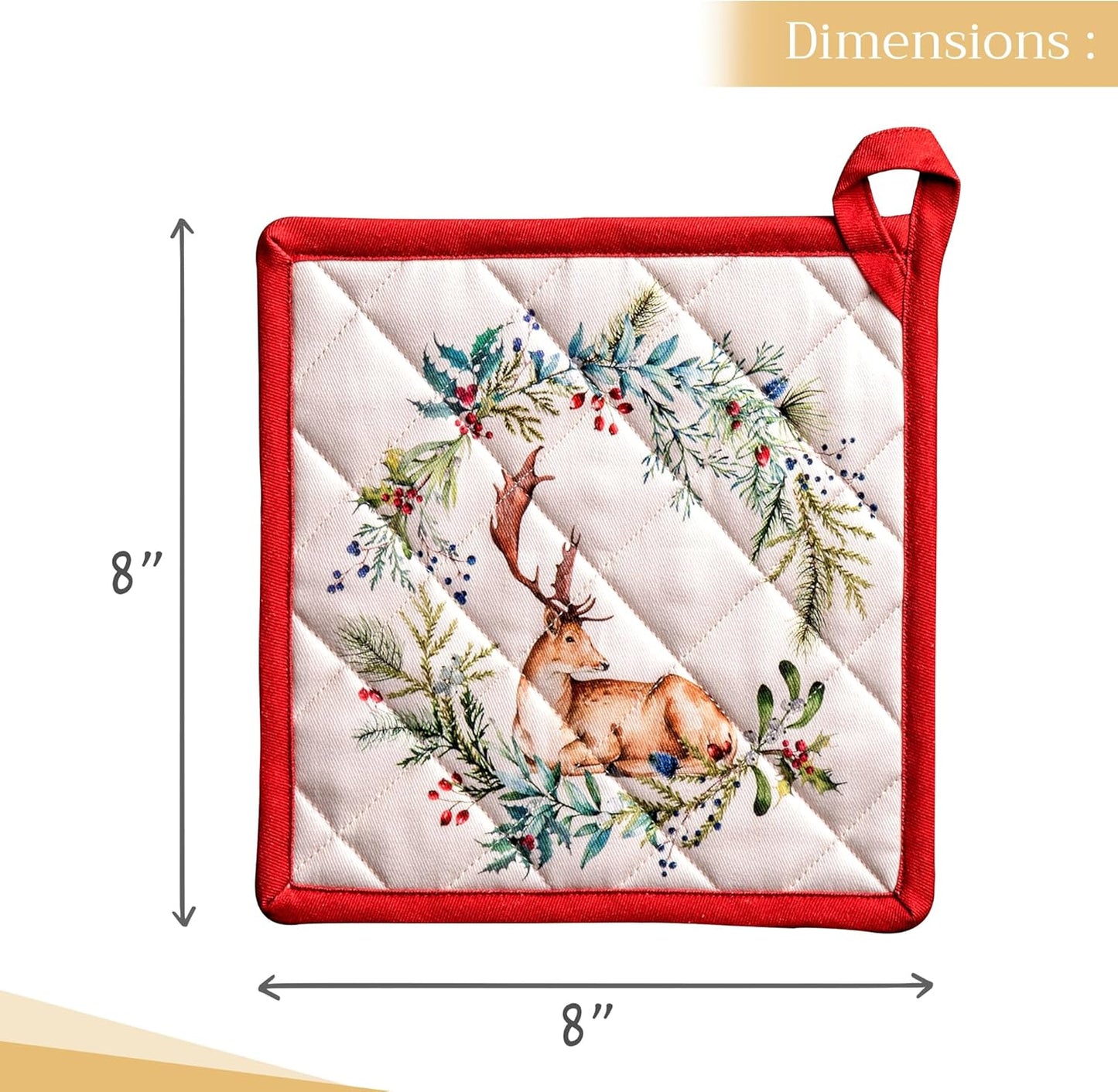 Maison d' Hermine Pot Holders Set 100% Cotton Heat Resistant Potholders 8" x 8" Hot Pads with Loop BBQ, Cooking, Baking, Grilling, Kitchen, Handling Hot Pans (Pack of 2, Holly Time)